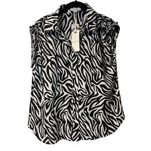 Pleione Black & White Zebra Print Sleeveless Blouse Button-Up‎ Top NWT